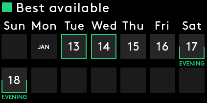 Best Available: Tuesday, Wednesday, Friday, Sat Eve, Sun Eve