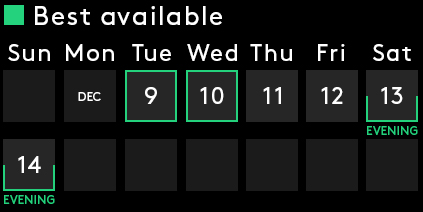 Best Available: Tuesday, Wednesday, Friday, Sat Eve, Sun Eve